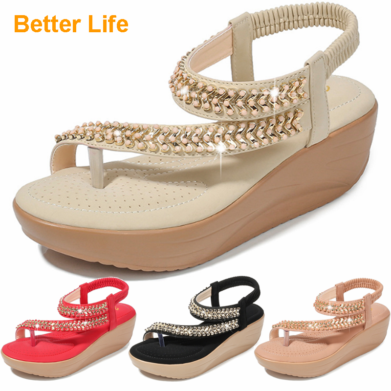Soft Platform Wedge Heel Sandals Women's Tong Open Shoes Officer Lace Ladies Flip Flops Beach Party