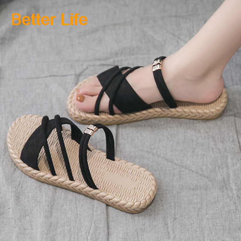 [Black-Friday Promotion]Dual-use Sandals Girls Flat Shoes Household Slides Imitation Straw Slippers