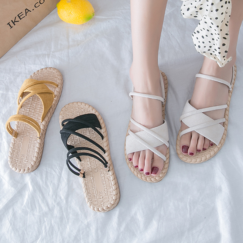 [Black-Friday Promotion]Dual-use Sandals Girls Flat Shoes Household Slides Imitation Straw Slippers