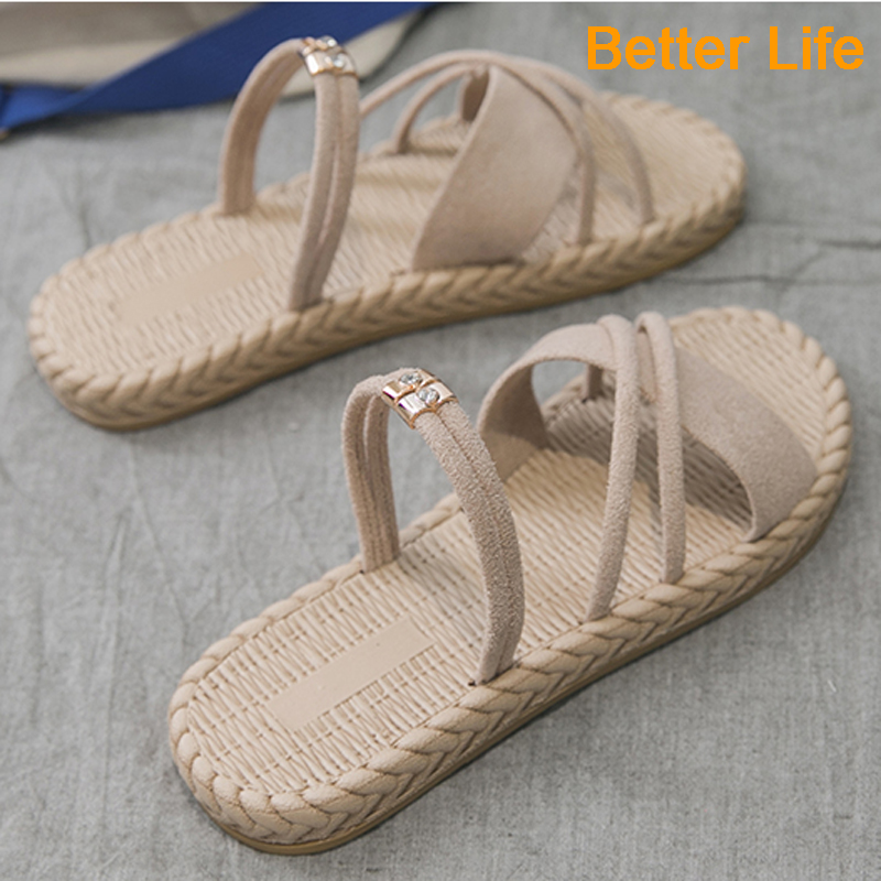 [Black-Friday Promotion]Dual-use Sandals Girls Flat Shoes Household Slides Imitation Straw Slippers