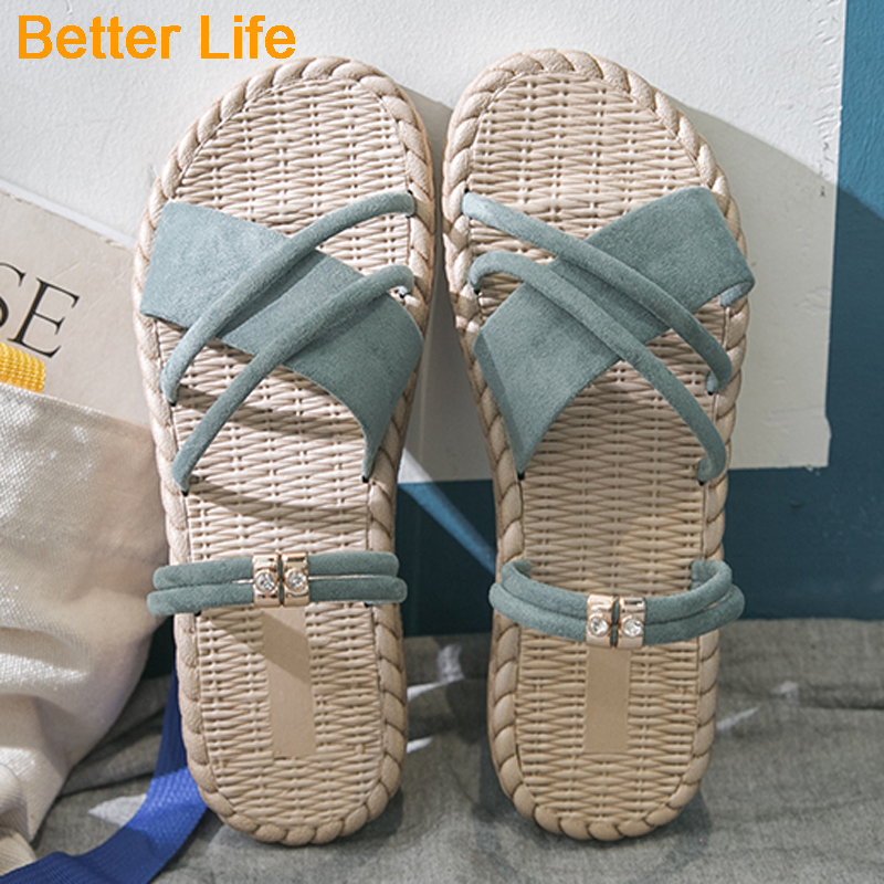 [Black-Friday Promotion]Dual-use Sandals Girls Flat Shoes Household Slides Imitation Straw Slippers