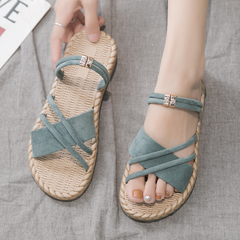 [Black-Friday Promotion]Dual-use Sandals Girls Flat Shoes Household Slides Imitation Straw Slippers
