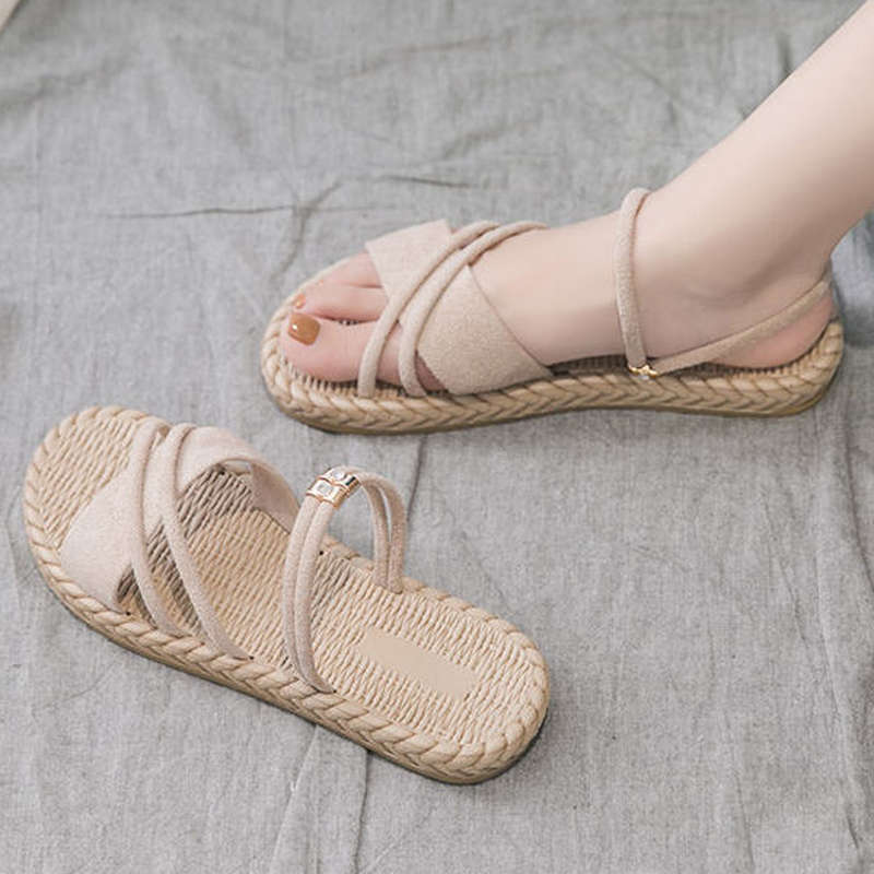 [Black-Friday Promotion]Dual-use Sandals Girls Flat Shoes Household Slides Imitation Straw Slippers