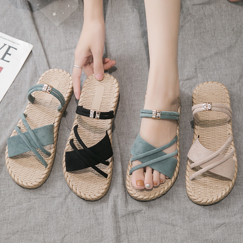 [Black-Friday Promotion]Dual-use Sandals Girls Flat Shoes Household Slides Imitation Straw Slippers