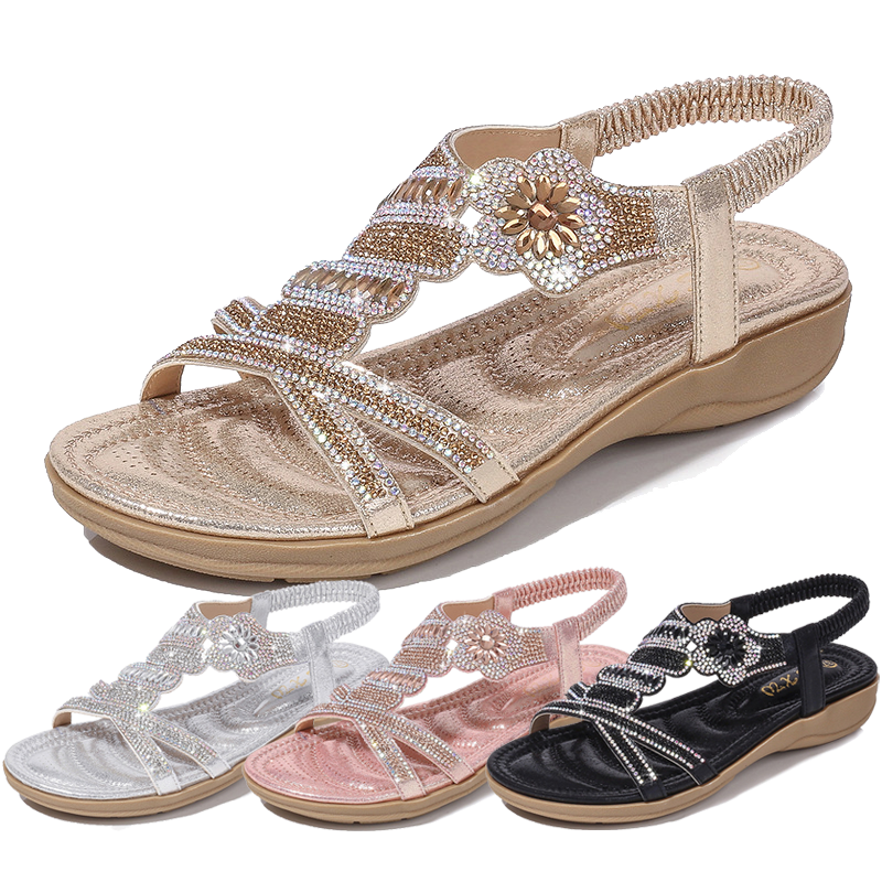 Summer Wedge Open Shoes Sandals for Women Casual Beach Slippers Shoes Bohemian Beaded Flip Flops