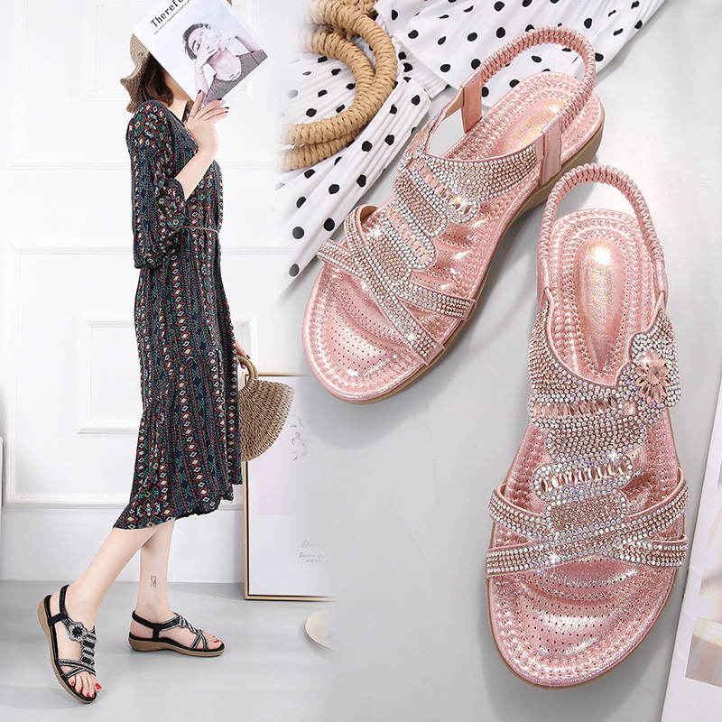 Summer Wedge Open Shoes Sandals for Women Casual Beach Slippers Shoes Bohemian Beaded Flip Flops