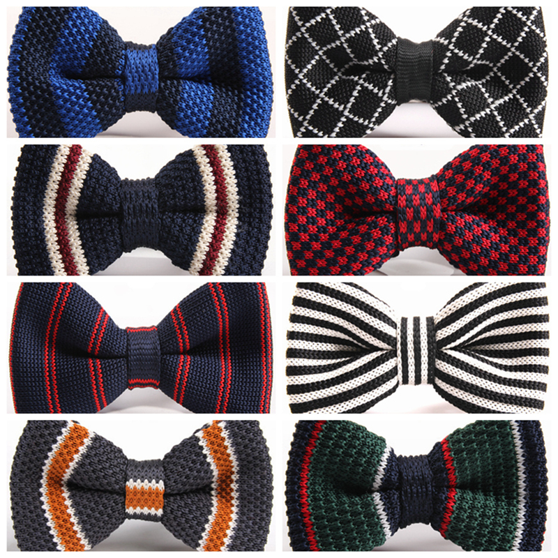Men's Slim Knitting Bowties Narrow Skinny Striped Lattice Pattern Kintted Bow Ties For Adult
