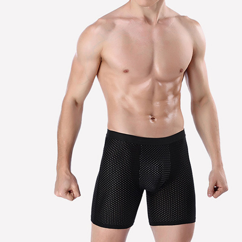 Men sports underwear lengthen ice curtain eye sexy breathable boxer running back leg pants
