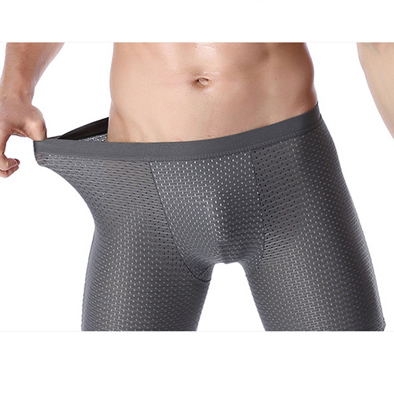 Men sports underwear lengthen ice curtain eye sexy breathable boxer running back leg pants