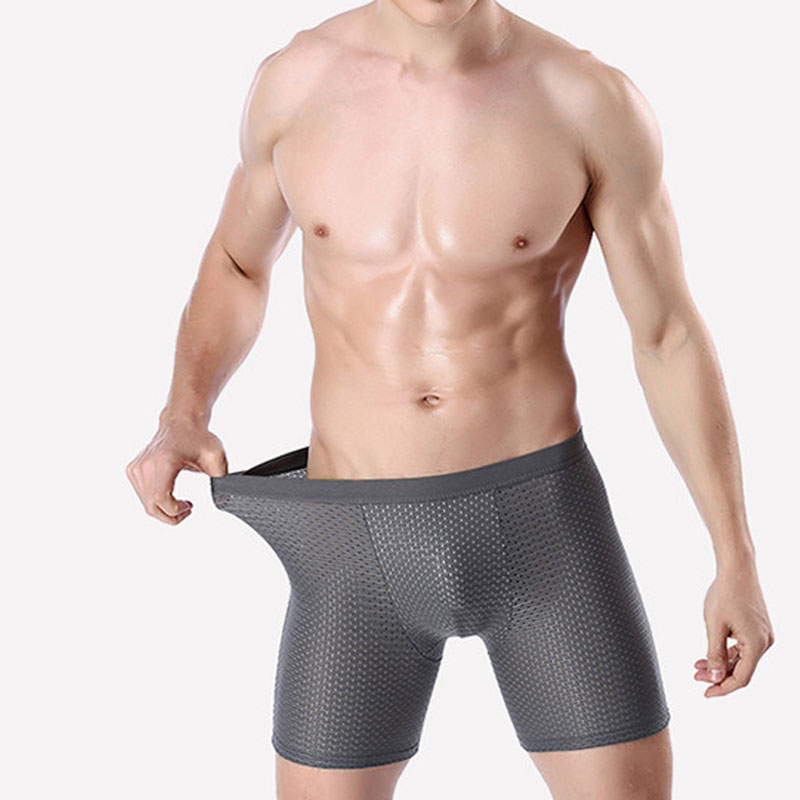 Men sports underwear lengthen ice curtain eye sexy breathable boxer running back leg pants