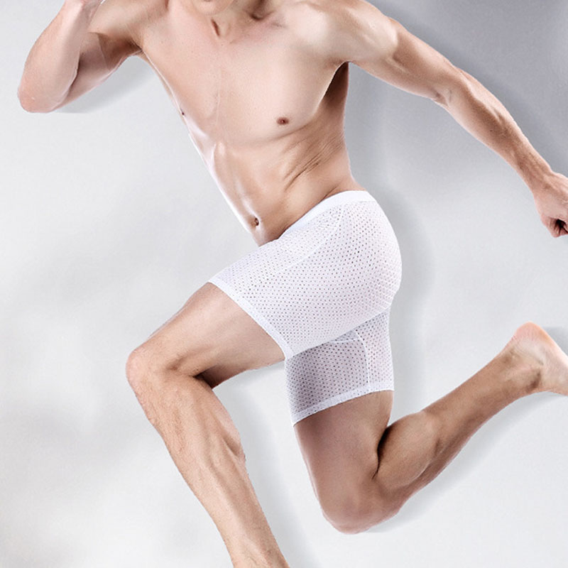 Men sports underwear lengthen ice curtain eye sexy breathable boxer running back leg pants