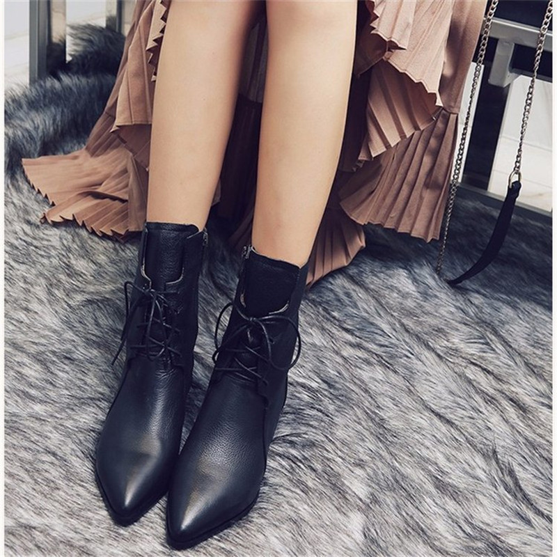 Women Boots Block Middle Heels Mid Calf Boots Solid Warm Fur Female Lace Up Pointed Toe Shoes