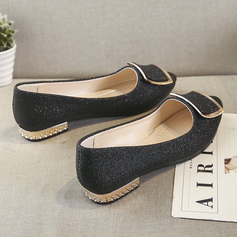 Women Flats Cool Golden Buckle Flat Shoes Women Loafers Ballet Flats Black Shoes Casual Pointed Toe