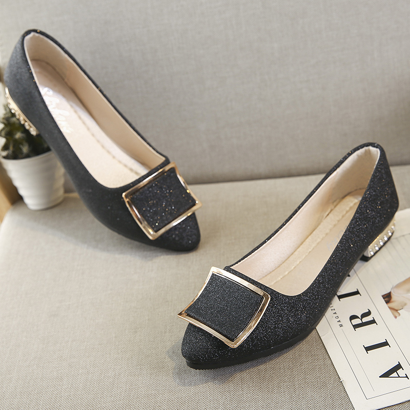 Women Flats Cool Golden Buckle Flat Shoes Women Loafers Ballet Flats Black Shoes Casual Pointed Toe