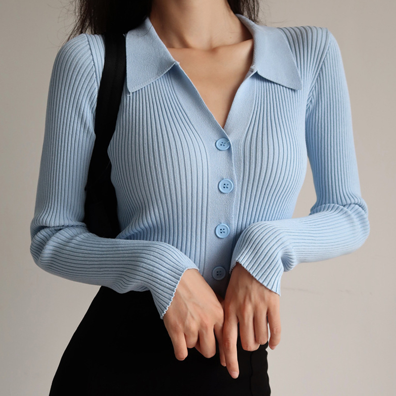 Lapel Cultivate morality famale Sweater coat button Sexy v-neck Long sleeve knit Render cardigan