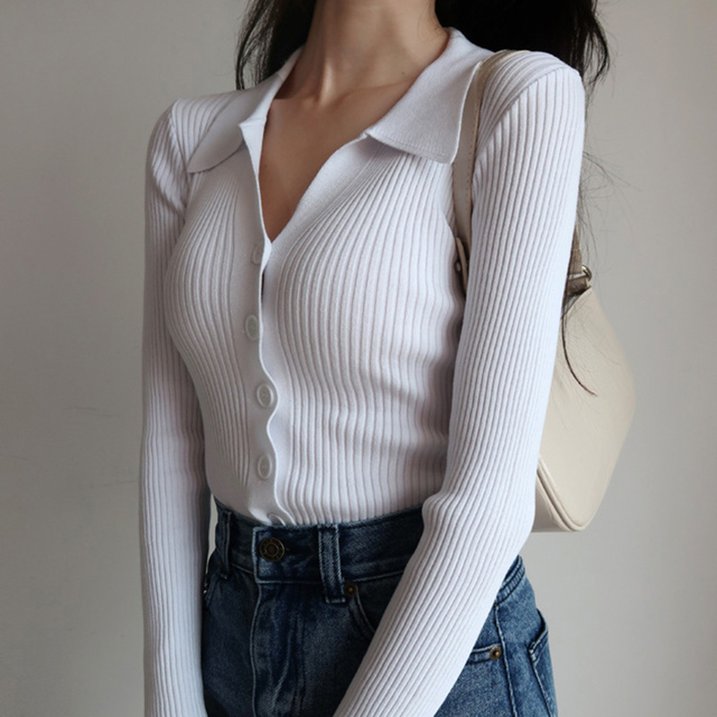 Lapel Cultivate morality famale Sweater coat button Sexy v-neck Long sleeve knit Render cardigan