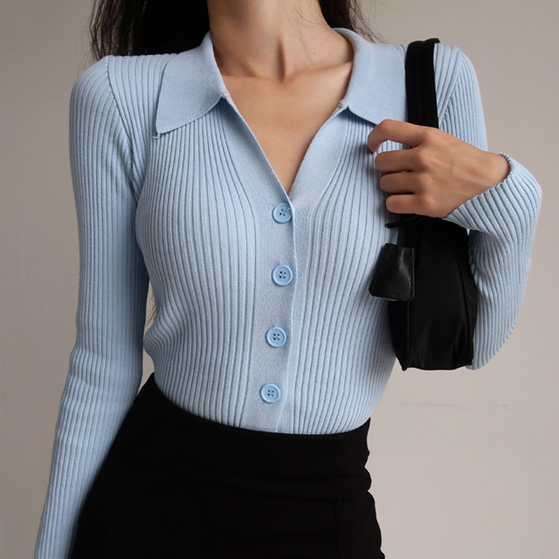 Lapel Cultivate morality famale Sweater coat button Sexy v-neck Long sleeve knit Render cardigan