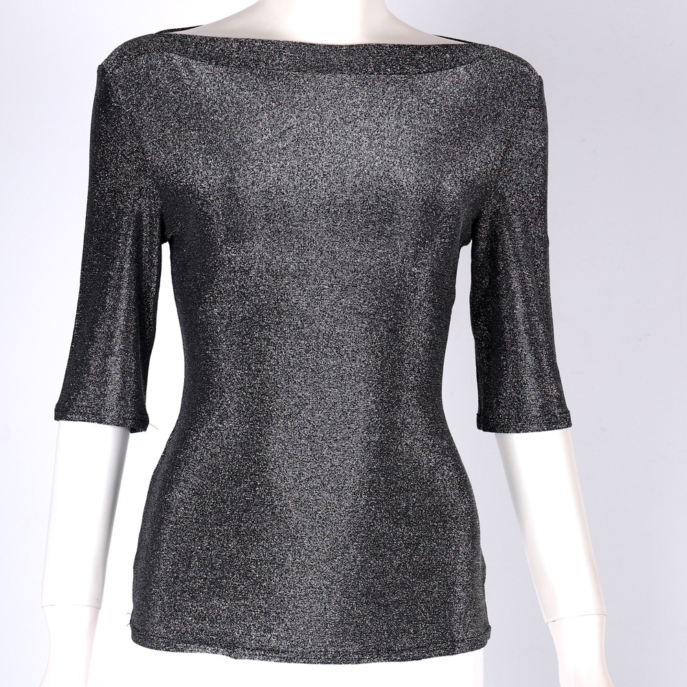 Popular European and American women's fashion one line collar new bright silk top