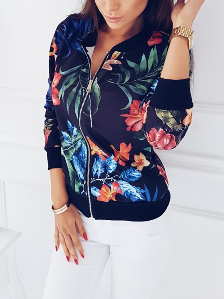 Women Spring Autumn Long Sleeve Floral Printed Zipper Coats Casual Ladies Fashion Jackets