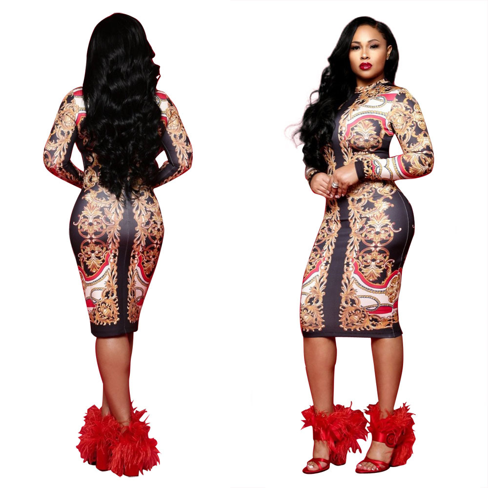 Women Long Sleeve Flower Printed Bodycon Dress Clubwear Sexy Mini Dress