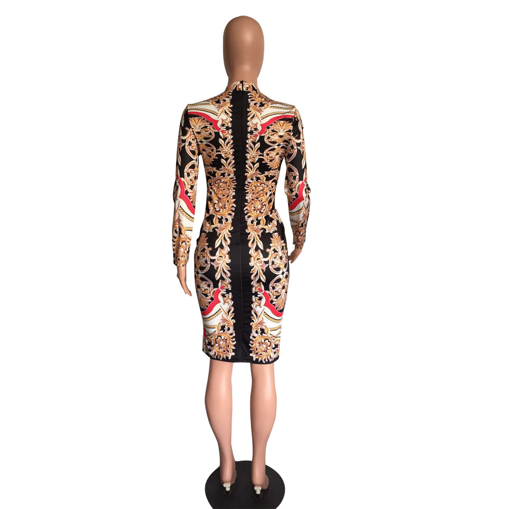 Women Long Sleeve Flower Printed Bodycon Dress Clubwear Sexy Mini Dress