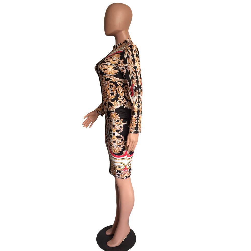 Women Long Sleeve Flower Printed Bodycon Dress Clubwear Sexy Mini Dress