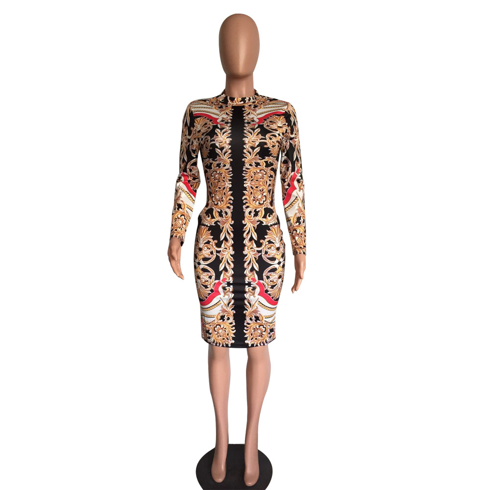 Women Long Sleeve Flower Printed Bodycon Dress Clubwear Sexy Mini Dress