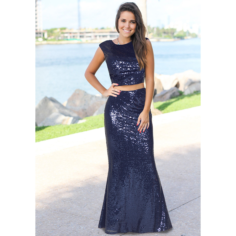 2019 Women's Noble Sexy Leakage Umbilical Fishtail Evening Dress Long Skirt Two Sequined Dresses