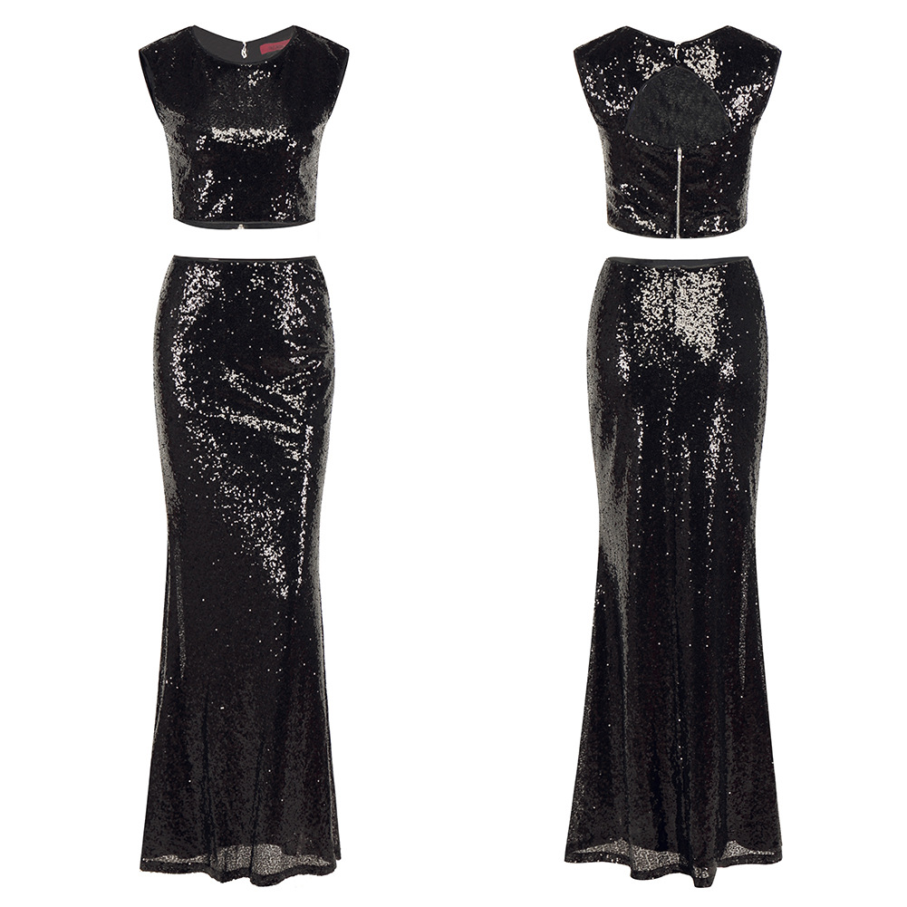 2019 Women's Noble Sexy Leakage Umbilical Fishtail Evening Dress Long Skirt Two Sequined Dresses