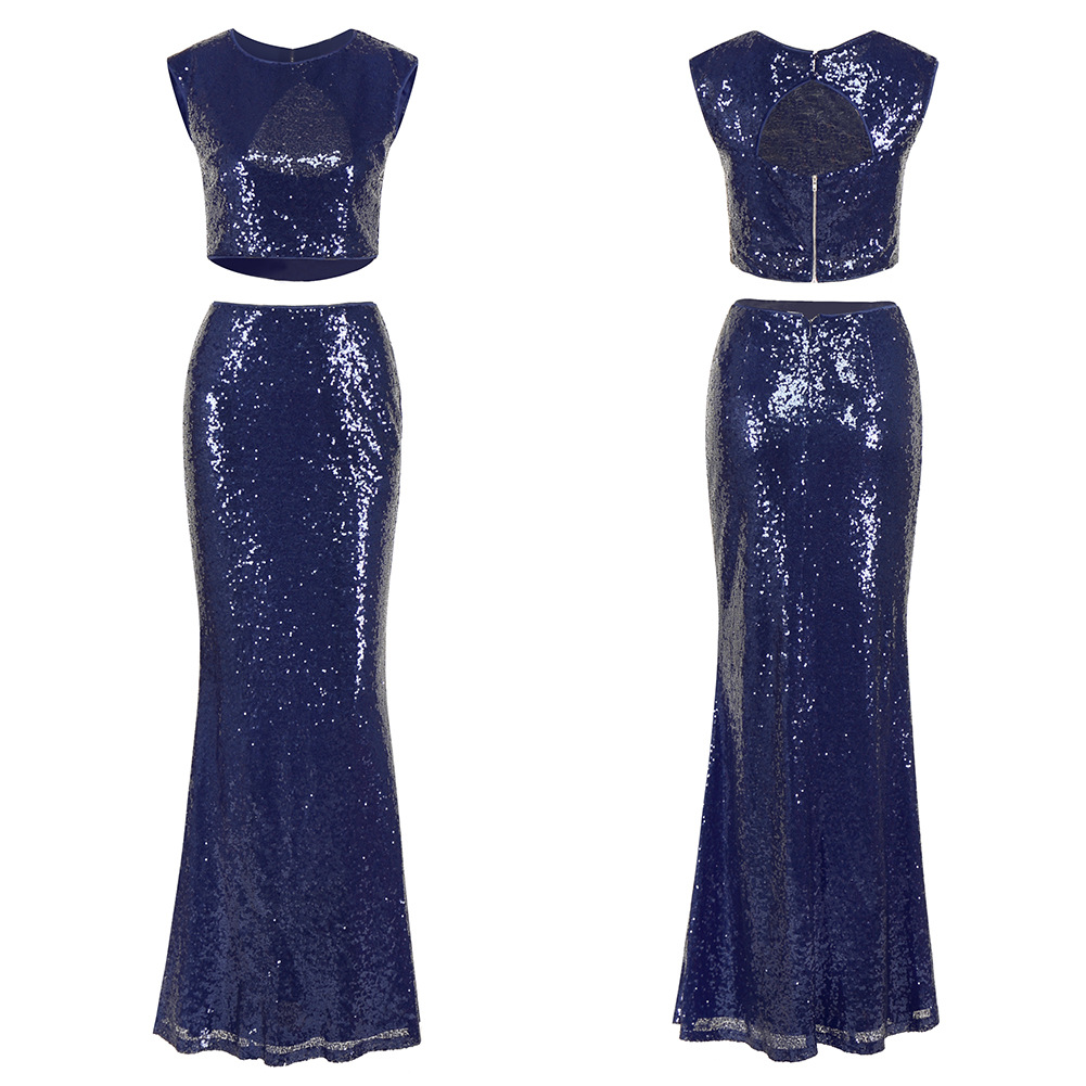 2019 Women's Noble Sexy Leakage Umbilical Fishtail Evening Dress Long Skirt Two Sequined Dresses