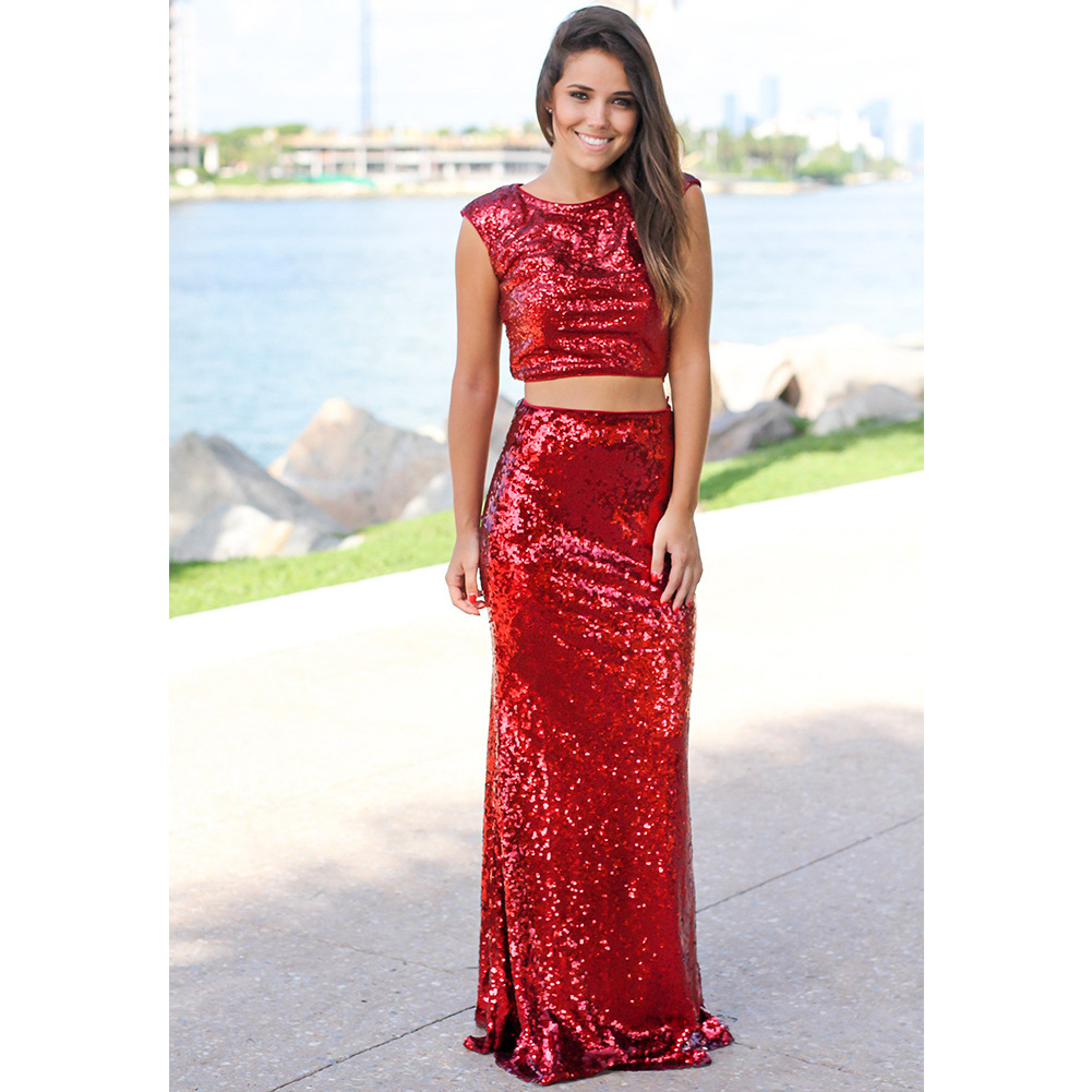 2019 Women's Noble Sexy Leakage Umbilical Fishtail Evening Dress Long Skirt Two Sequined Dresses