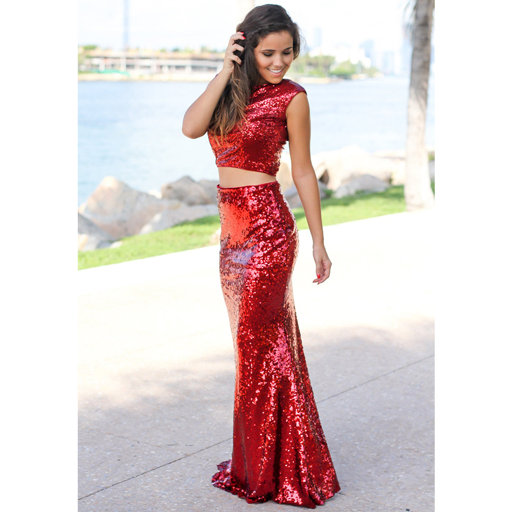 2019 Women's Noble Sexy Leakage Umbilical Fishtail Evening Dress Long Skirt Two Sequined Dresses