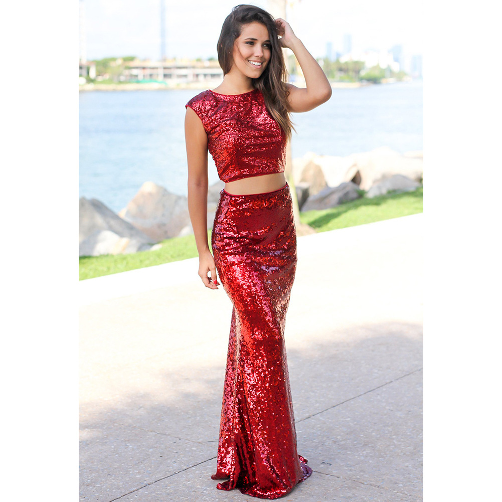 2019 Women's Noble Sexy Leakage Umbilical Fishtail Evening Dress Long Skirt Two Sequined Dresses