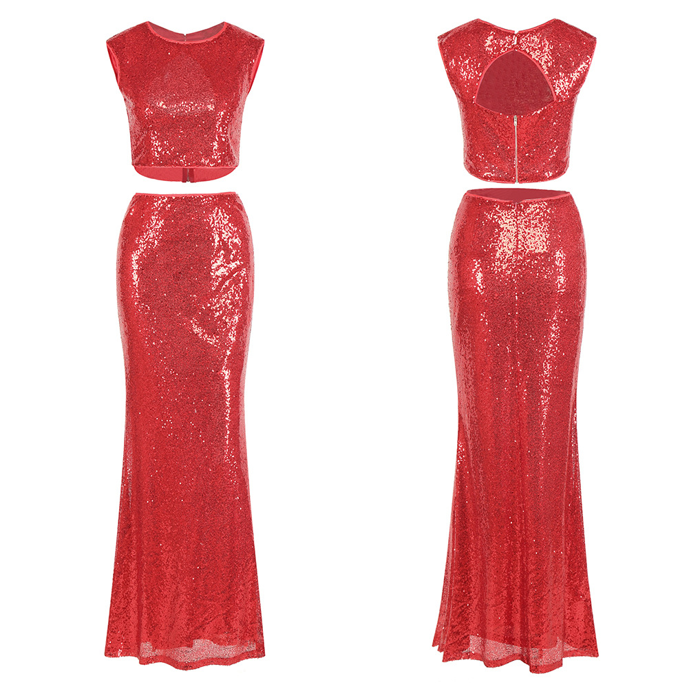 2019 Women's Noble Sexy Leakage Umbilical Fishtail Evening Dress Long Skirt Two Sequined Dresses