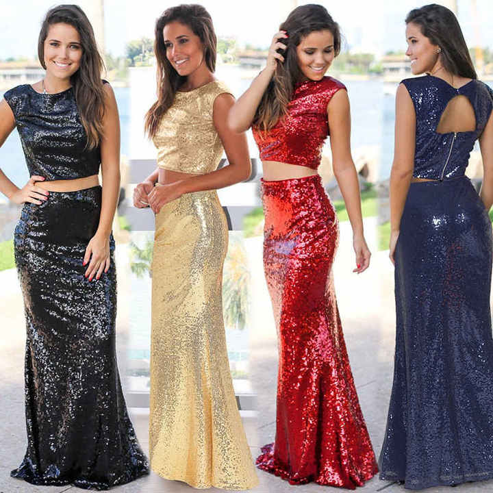 2019 Women's Noble Sexy Leakage Umbilical Fishtail Evening Dress Long Skirt Two Sequined Dresses