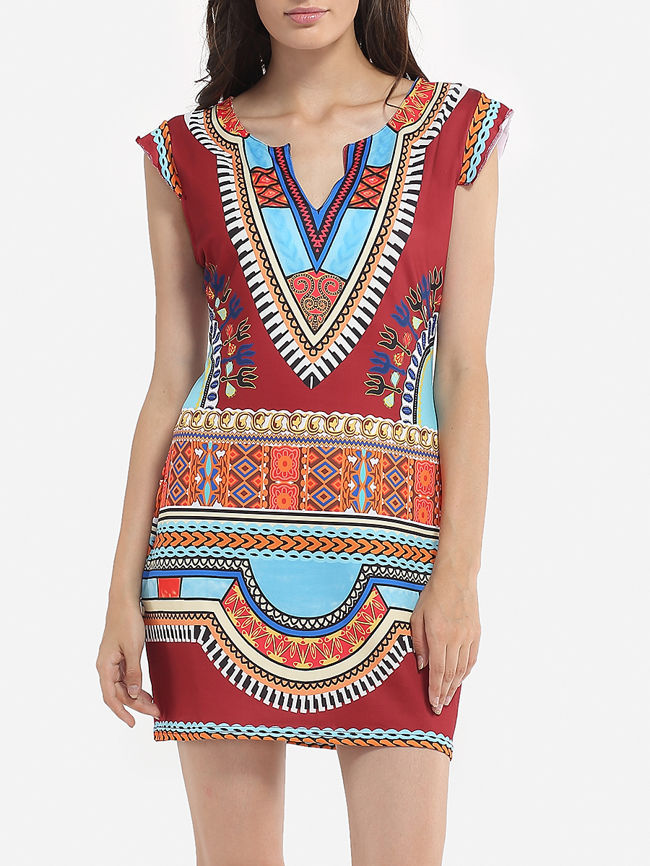 Women National style Sleeveless Flower Printed sexy Mini Boycon Dress