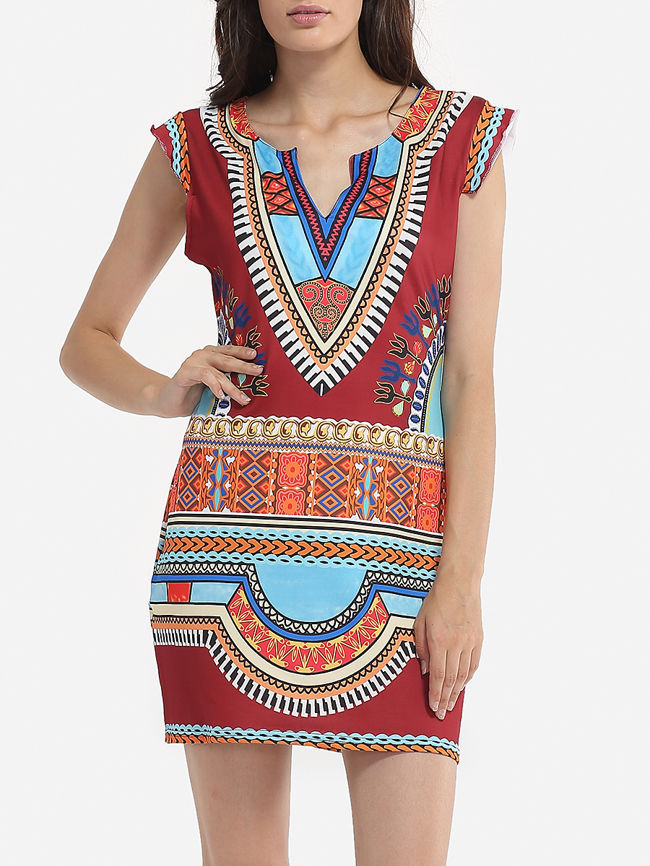 Women National style Sleeveless Flower Printed sexy Mini Boycon Dress