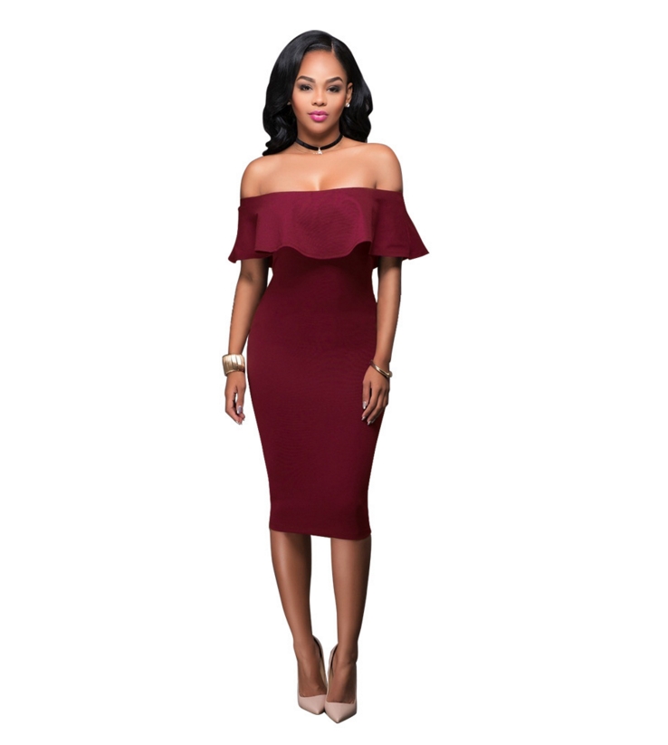 Women Off Shoulder Midi Bodycon Dress Sexy Ruffles Strapless Party Office Lady Business Dresses