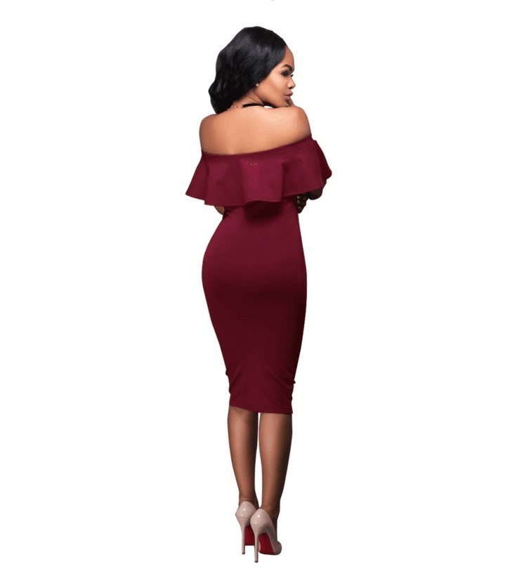 Women Off Shoulder Midi Bodycon Dress Sexy Ruffles Strapless Party Office Lady Business Dresses