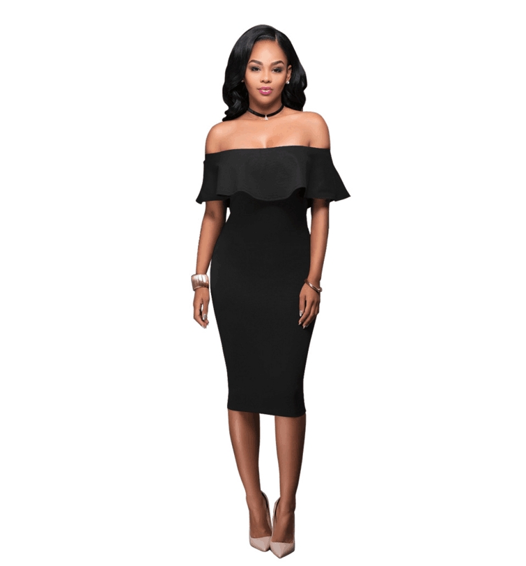 Women Off Shoulder Midi Bodycon Dress Sexy Ruffles Strapless Party Office Lady Business Dresses