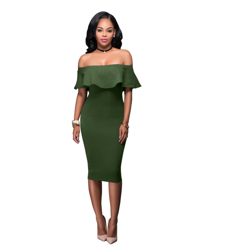 Women Off Shoulder Midi Bodycon Dress Sexy Ruffles Strapless Party Office Lady Business Dresses