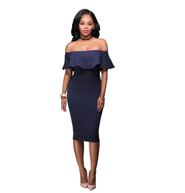 Women Off Shoulder Midi Bodycon Dress Sexy Ruffles Strapless Party Office Lady Business Dresses