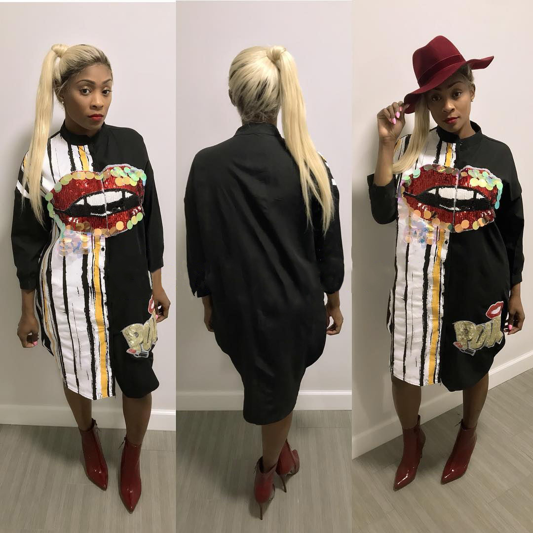 Women Long sleeve Lip sequin Shirt Dress Office Lady business Dress Streetwear Dress Clubwear