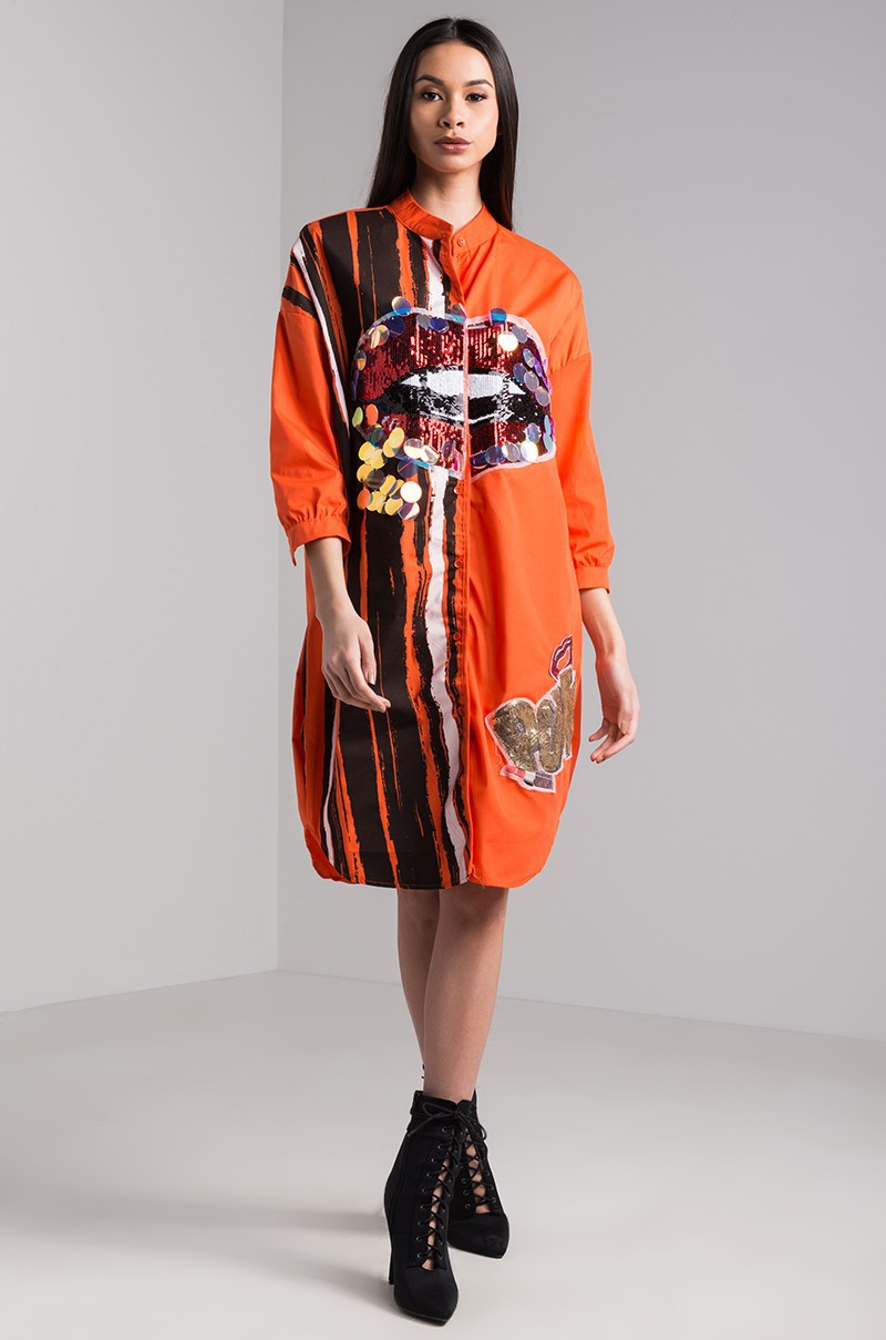 Women Long sleeve Lip sequin Shirt Dress Office Lady business Dress Streetwear Dress Clubwear
