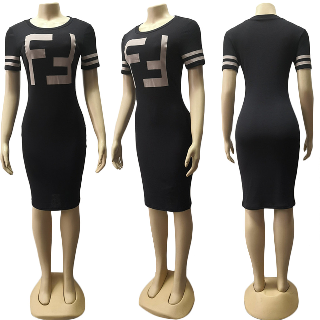 Women Letter Printed Short Sleeve T-shirt Bodycon Round Collar Dress