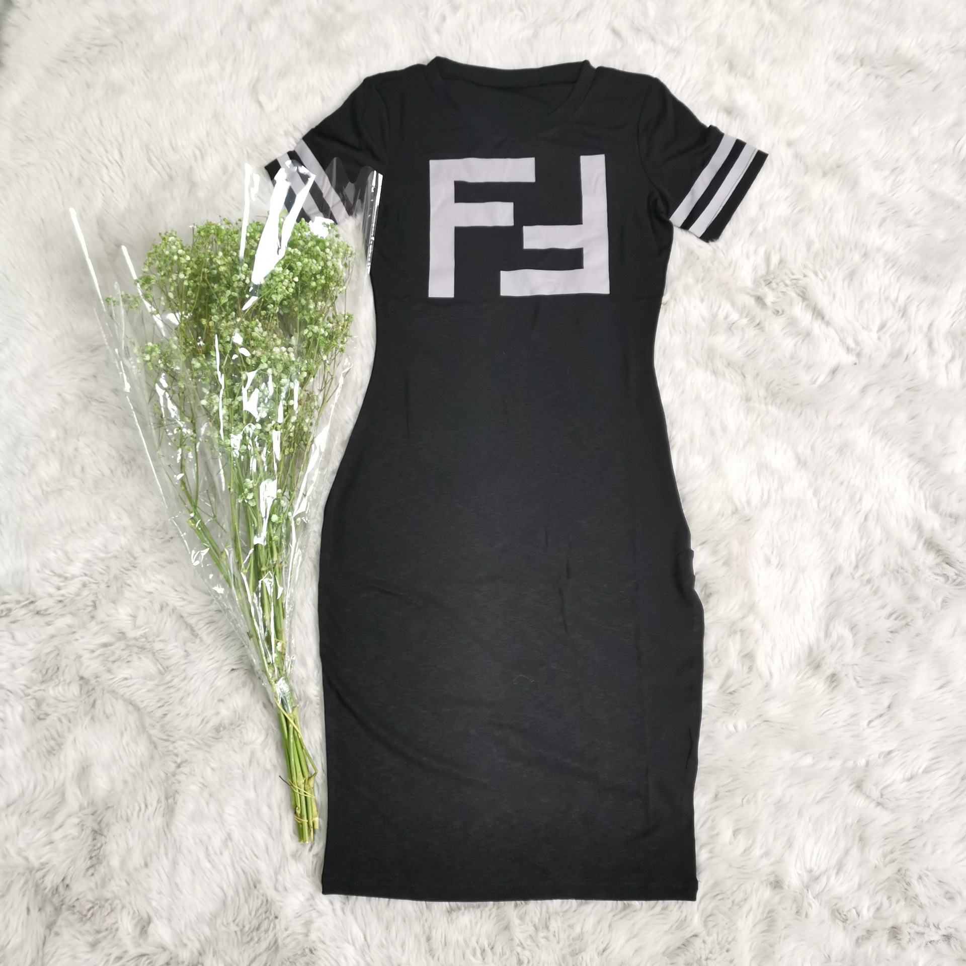Women Letter Printed Short Sleeve T-shirt Bodycon Round Collar Dress