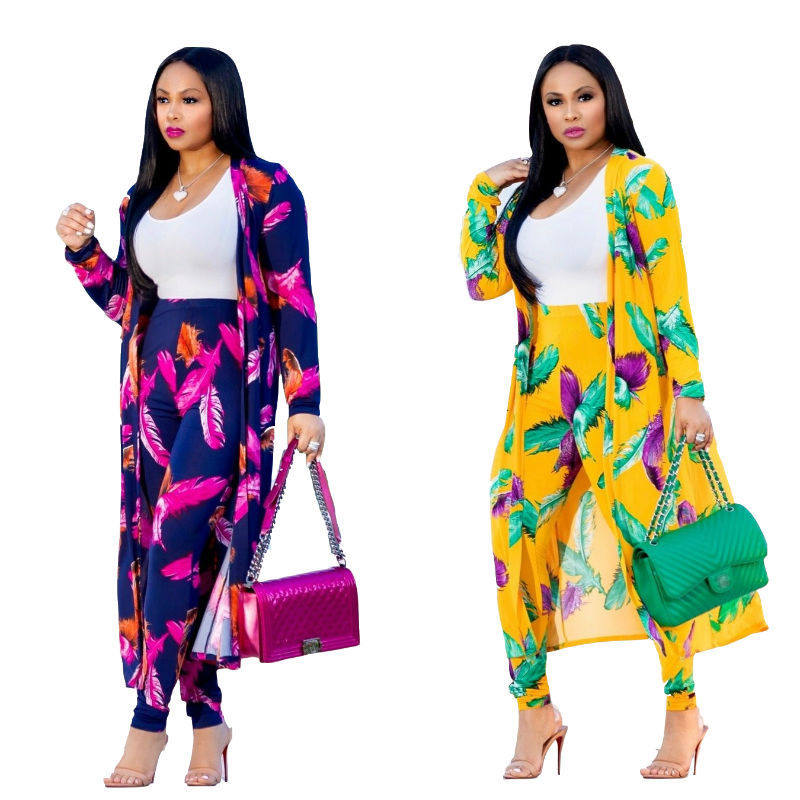3 Pcs Women Fashion Feather digital printing cloak and bottom pants casual suit sets