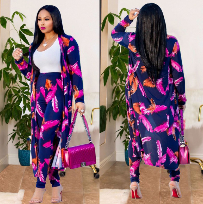 3 Pcs Women Fashion Feather digital printing cloak and bottom pants casual suit sets