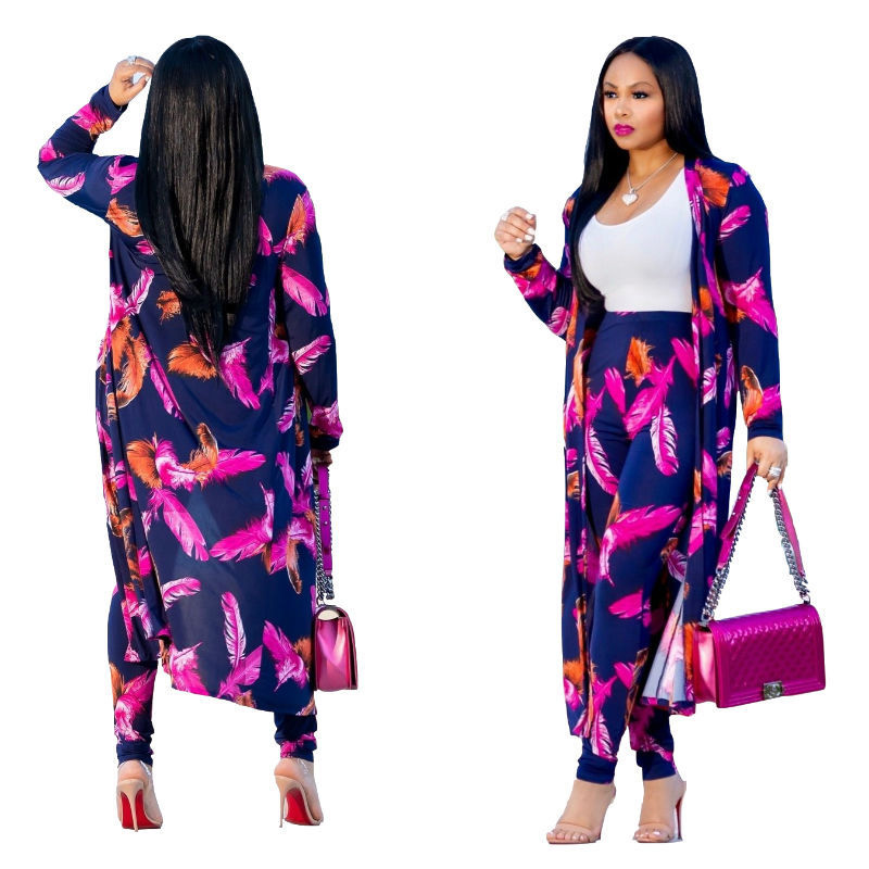 3 Pcs Women Fashion Feather digital printing cloak and bottom pants casual suit sets