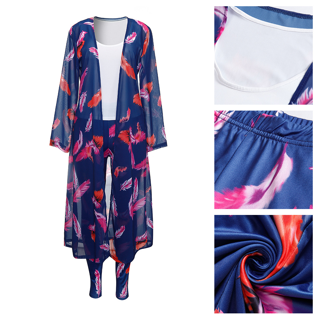 3 Pcs Women Fashion Feather digital printing cloak and bottom pants casual suit sets